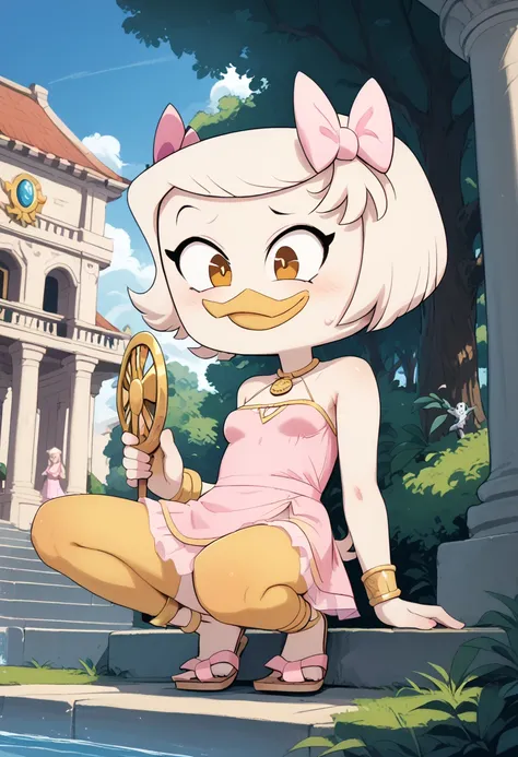 Webby vanderquack, specific, furry, small pink ribbon ,  medium breasts,  white hair, cabelo channel,  defined body, Greek pink dress , Greek deity, Olympus, yellow legs,  Hebrew wooden sandal, pés amarelos de specific, Sensual, cartoonized, Alone,  1girl ...