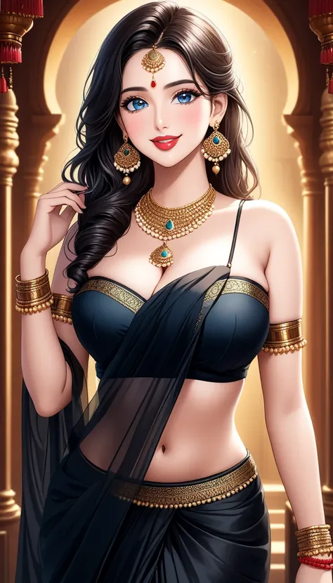 A beautiful mature  woman in designeless silk black saree, intricate long big bell jhumka earrings, detailed alluring eyes, smooth lips, smiling, red lipstick, bangles, medium saggy breasts, photorealistic, 8k, high quality, masterpiece, cinematic lighting...