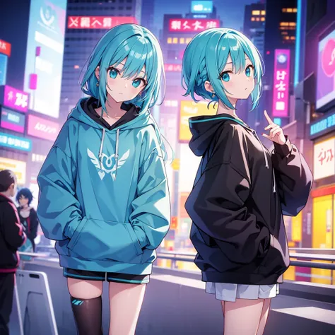  aqua hair、 cyberpunk、 hoodie、pale、 center part on the back、 earrings