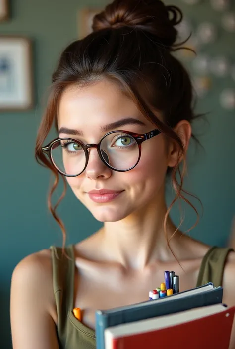 A beautiful young woman. She is wearing round sight glasses. She has a pen stuck in her messy bun and books in her arms. She has wide green eyes and shocking beautiful features. There are different pens in her messy bun. The shot is up to her waist.