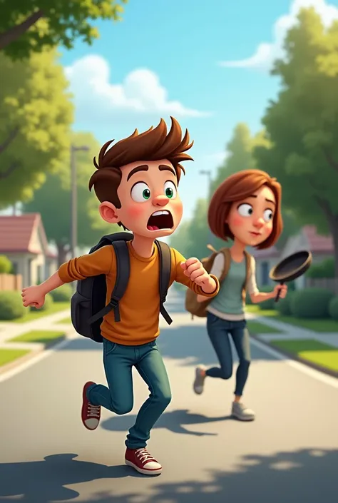 "A young man with a backpack running away in fear on a suburban street, looking surprised and slightly panicked. Behind him, an angry woman with short hair is chasing him, holding a frying pan in one hand, with an exaggerated furious expression. The backgr...