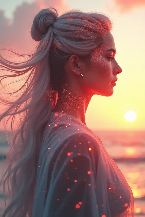 high quality, 8K Ultra HD, A beautiful double exposure that combines an goddess silhouette with sunset coast, sunset coast should serve as the underlying backdrop, with its details incorporated into the goddess , crisp lines, The background is monochrome, ...