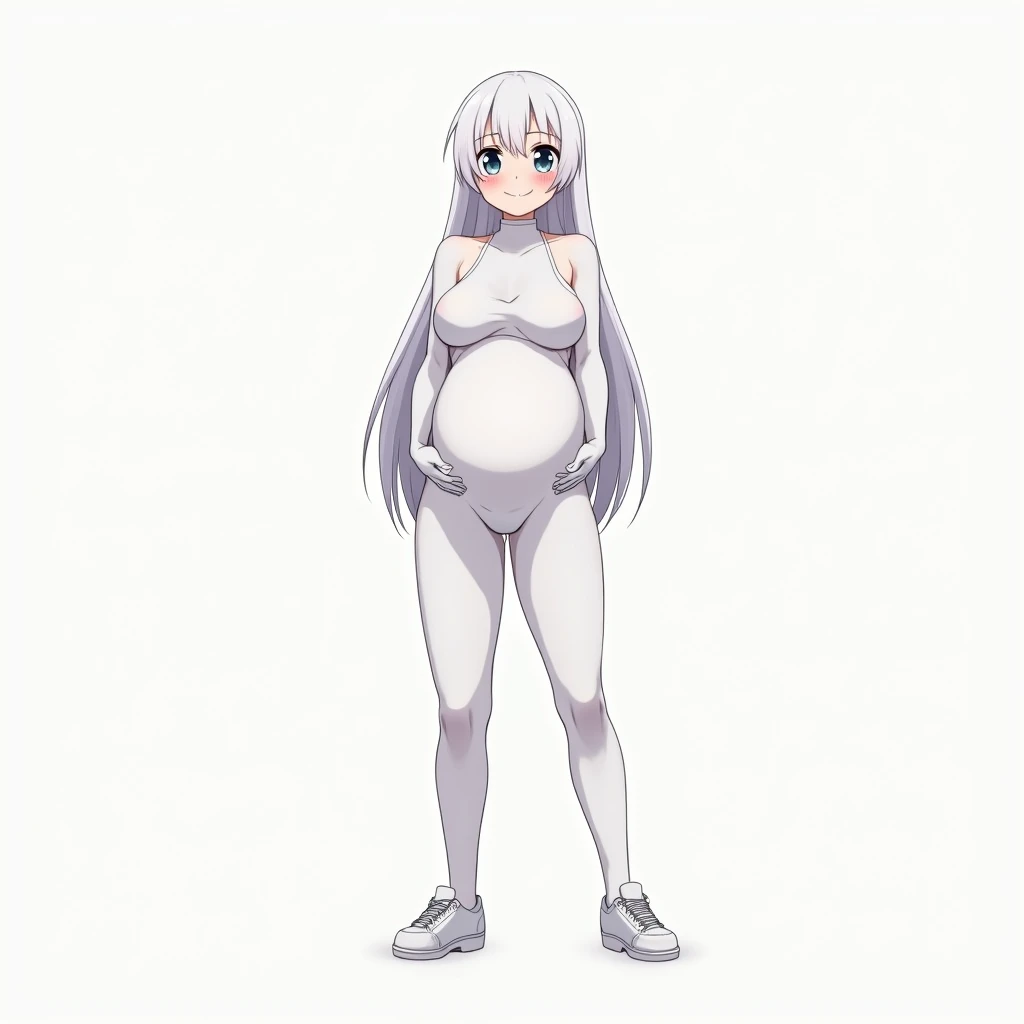 anime girl, long hair, dark blue eyes,anime style, white hair, smile,large breasts ,big pregnant belly, big hyper-pregnant, hyper-large breasts, big pregnant , multiple pregnancy, ,Tight white Jumpsuit,white thin gloves,long white sneakers,He stands tall,a...