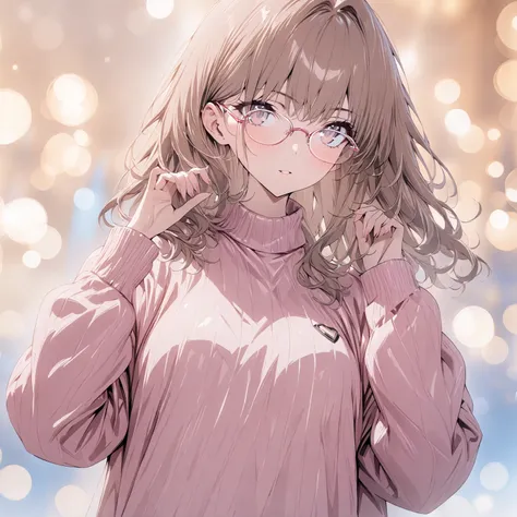 ( BREATHTAKING ADULT BEAUTY,Intelligent and graceful ,Shiny pink sweater, brown hair,( top quality, Masterpiece:1.2), full length shot, perfect figure, wearing glasses,  Ultra Clear , Exquisite Faces , Super Detail,Bokeh)