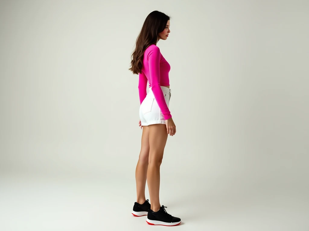 clear environment, not frontal.  Full body photo wearing pink top and white shorts. Loubotain black sneakers with red soles . sideways, High butt ,  thin body 