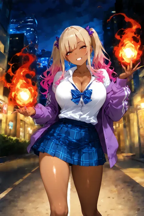 4k,ultra detailed,blue big fire magic user, girl,gyaru,tanned skin,background urban,at night,