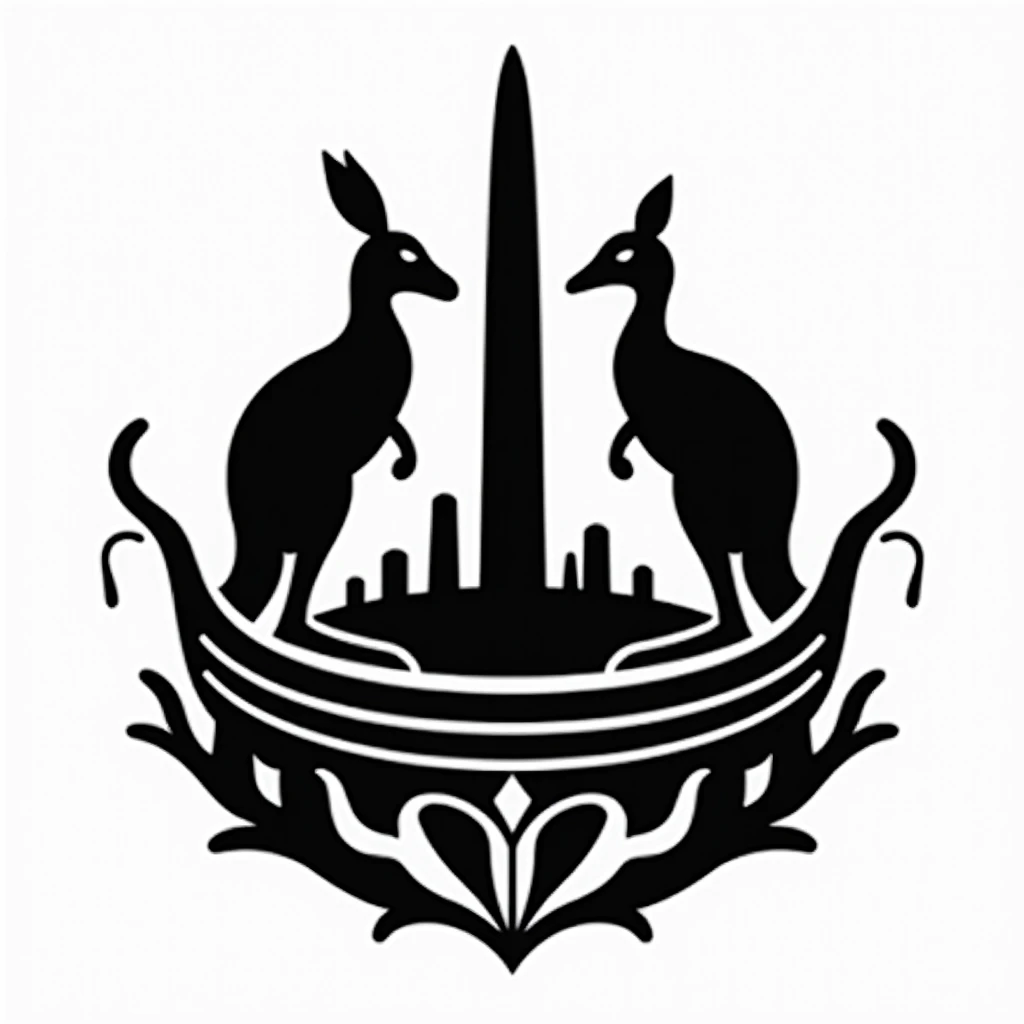 Create a national emblem for a primitive tribal nation with influences from Melanesian and Australian cultures, while adapting elements from the national emblem of Saudi Arabia. The design should feature the heads of a kangaroo and a cassowary, separated b...