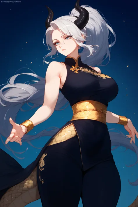 Woman, fair skin, blue eyes, white hair, long hair,Ponytail , anime style, Black dress Golden Dragon Print , gold sash, gold wristband, black wide pants, black Horns, dragon scales 