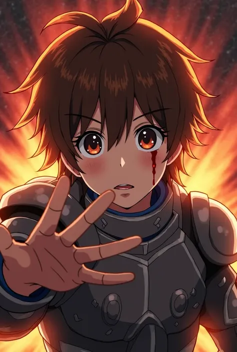 He is from anime, he is a  boy, has brown hair and has very large eyes, he has a background of fire and blood on his face, a little bit, he has a hand extended forward, he has a blue shirt and he has a metal armor that reveals only his chest, his shoulders...