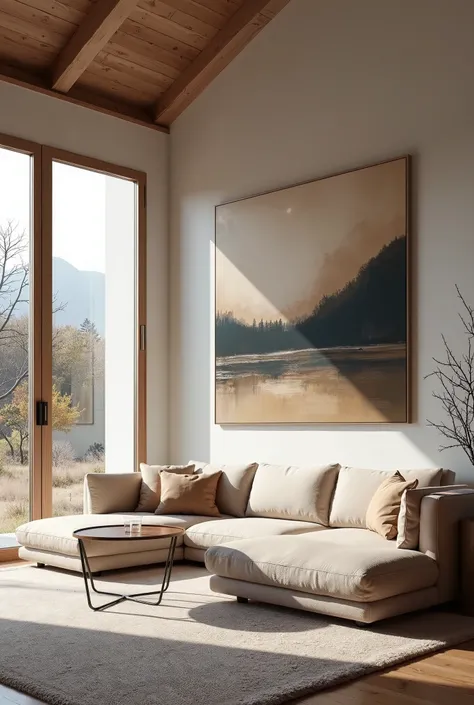 make a photo realistic interior rendering of a contemporary Scandinavian living room, with a wall with a big painting on it