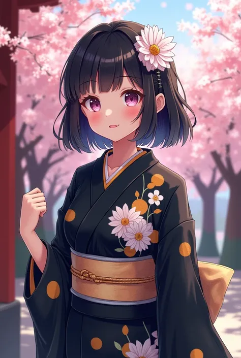   to wear a black kimono with details of white flowers and yellow dots, and some sky blue details     ,   fair skin  , without a hat , with a cheerful and lively face      ,  Eye with a light pink pupil  ,     in a Japanese temple surrounded by cherry tree...