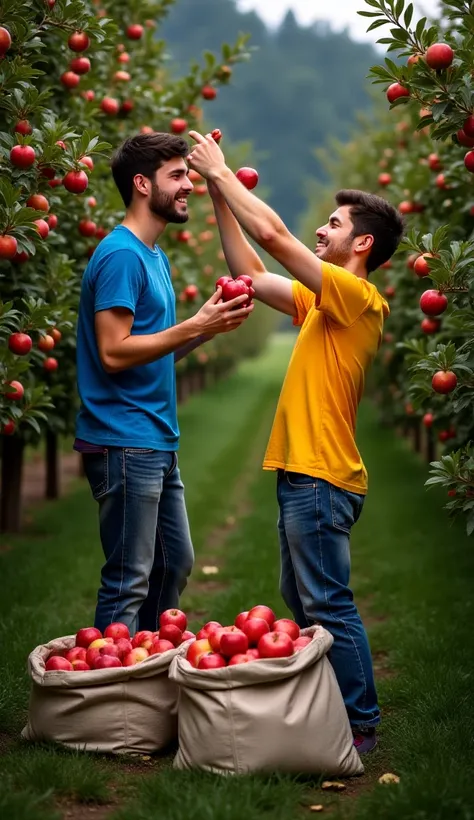 In this photo, two young men are picking apples from an apple tree. One is standing on a chair wearing a blue T-shirt and smiling, picking apples, while the other is wearing a yellow T-shirt and reaching out to the side to pick apples. There are many apple...