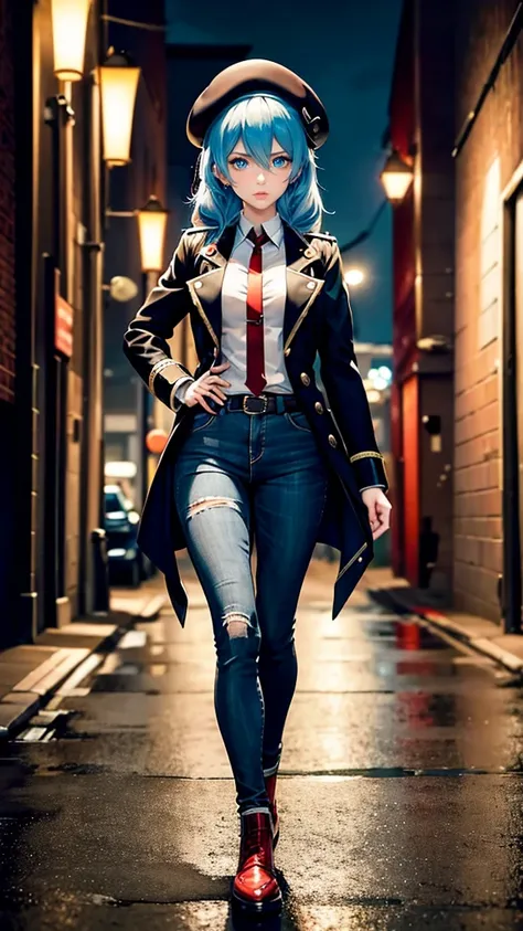 a full length portrait of a person wearing a hat and a red tie,(2 d anime style),(tall anime girl with blue eyes), female protagonist 👀 :8, nagito komaeda, anime character, 2 d anime, from girls frontline, anime moe artstyle, best anime 4k konachan wallpap...