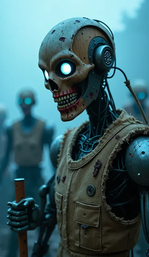 A highly detailed, cinematic portrait of a **zombie robot** with an intricately crafted face made of **aged wood and rusted metal**, its hollow eyes glowing faintly with a cold, blue light. The atmosphere is thick with a **gloomy, blue fog**, casting an ee...