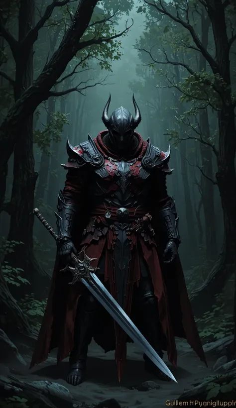 a man with a sword standing in front of a forest, dark fantasy style art, blood knight, dark fantasy concept art, dark fantasy character design, guillem h. pongiluppi, holds a sword, dark souls art style, with large sword, epic fantasy art style, dark fant...