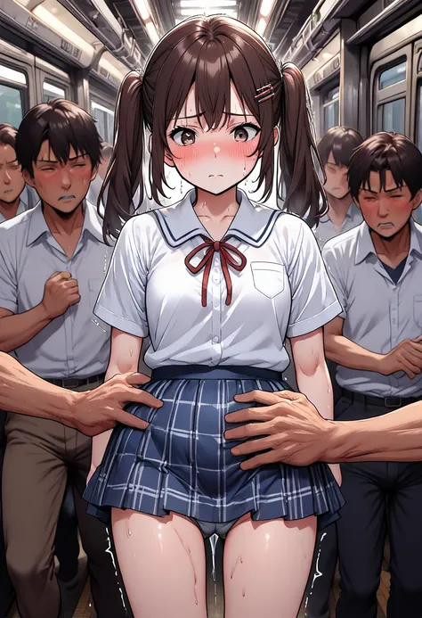 13 old, japanese school girl,dark brown hair,twintail,hair pin, at train ,perfect body,easy-going face,White shirt blouse,sweaty, plaid skirt,trouble,(ass grab), twin tail, blush、molested, anatomically correct, Japanese sound effects, grab her ass or breat...