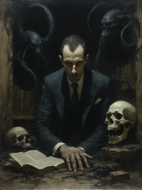 H.P. Lovecraft, portrait, tentacles, skulls,  Lovecraftian, library study background, dark surrealism, high detail, masterpiece.