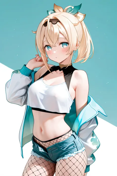 NSFW, Masterpiece, top quality, high resolution, very detailed, Kazama Iroha\( Hololive\), hair ornament、 Hair Band 、 ponytail, jacket , crop top, off shoulder, denim shorts, fishnet