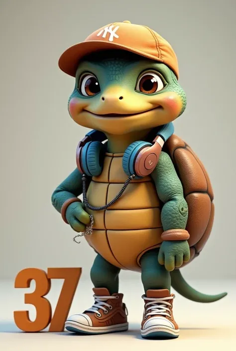 Turtle in a cap, T-shirt,  with headphones around the neck, felt shirt, jeans , sneaker. Next to the number 37