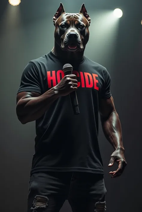 A black pitbull with a microphone and a t-shirt that says Homicide in red letters 