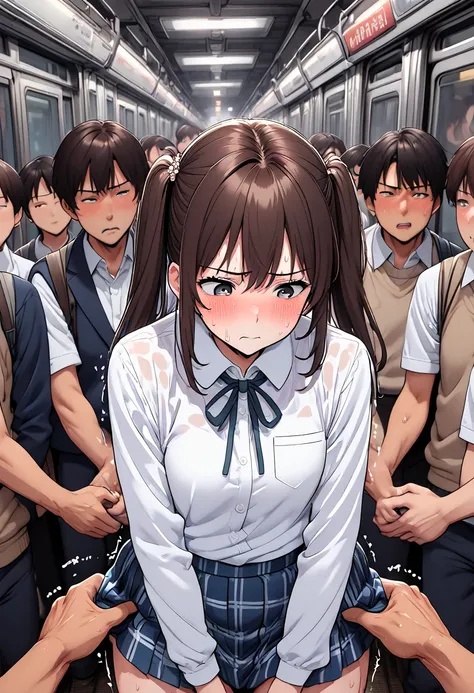 13 old, japanese school girl,dark brown hair,twintail,hair pin, at train ,perfect body,easy-going face,White shirt blouse,sweaty, plaid skirt,trouble,(ass grab), twin tail, blush、molested, anatomically correct, Japanese sound effects, grab her ass or breat...