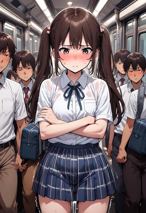 13 old, japanese school girl,dark brown hair,twintail,hair pin, at train ,perfect body,easy-going face,White shirt blouse,sweaty, plaid skirt,trouble,(ass grab), twin tail, blush、molested, anatomically correct, Japanese sound effects, grab her ass or breat...