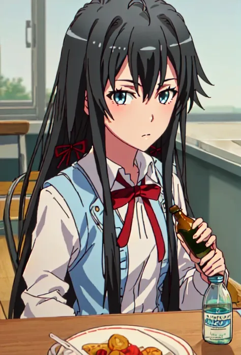 {safe:1.10}, best quality, masterpiece, highres, solo, {yukino_yukinoshita_yahariorenoseishunlovecomewamachigatteiru:0.90}, portrait, looking_at_viewer, holding bottle 1 L