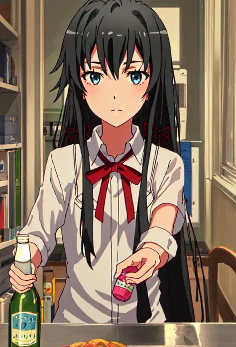 {safe:1.10}, best quality, masterpiece, highres, solo, {yukino_yukinoshita_yahariorenoseishunlovecomewamachigatteiru:0.90}, portrait, looking_at_viewer, holding bottle 1 L