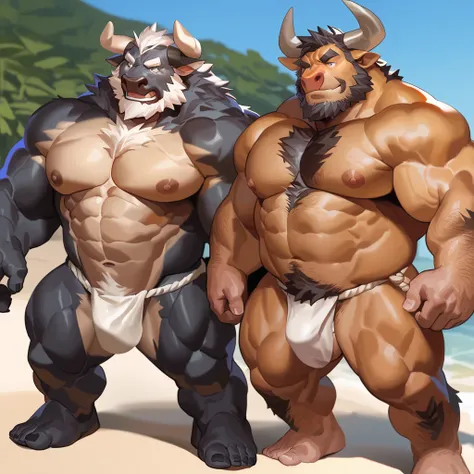 lindong, lucusold, lanxus, 2boys, duo, (muscular furry bull:1.3) and (male human:1.4, old, old man) in the beach, walking side by side, pectoral, thick arms, nipples, (fundoshi, masterpiece, semirealistic:1.2, high detailed, 8k, high resolution, highly det...