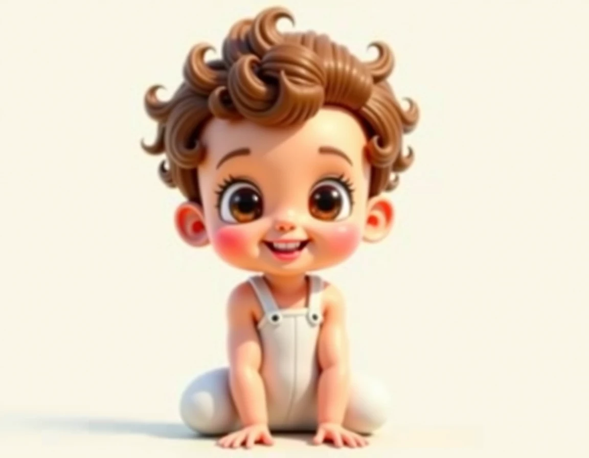 animation style image white baby boy with light brown curly hair dark brown eyes wearing white jumpsuit  