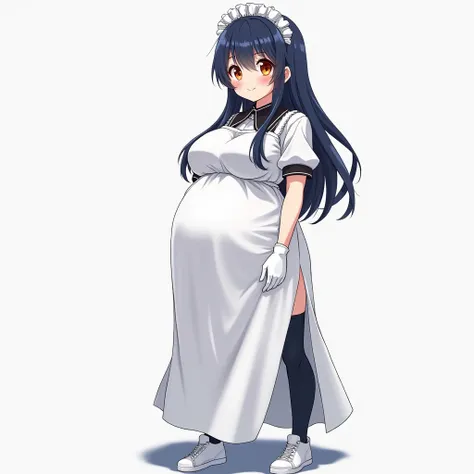 anime girl, orange eyes, big breasts, anime , dark blue hair, long white dress, dark blue tights, white maid, white sneakers, large hyperbelligent breasts, large hyper-pregnant, smile, multiple pregnancies, long hair, He stands tall,average height,white th...