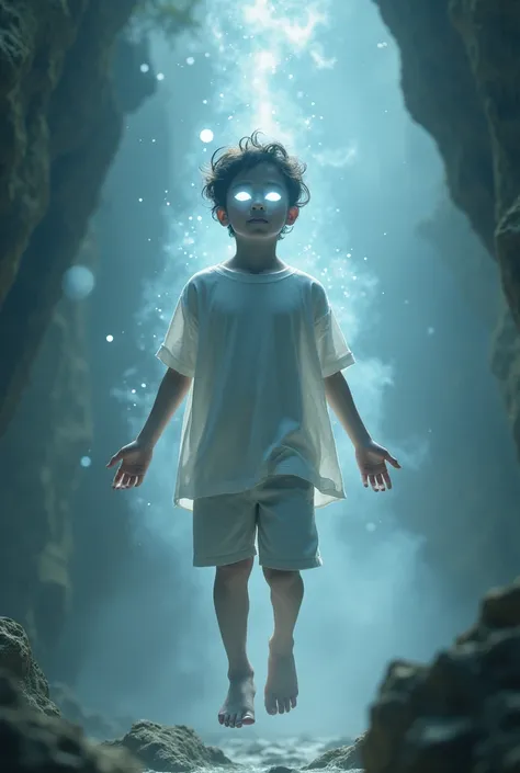 boy floating in the air with white glowing eyes asthetic