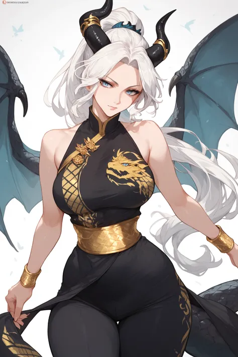 Woman, fair skin, blue eyes, white hair, long hair,Ponytail , anime style, Black dress Golden Dragon Print , gold sash, gold wristband, black wide pants, black Horns, dragon scales 