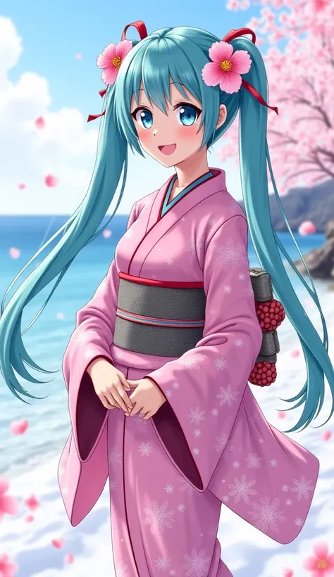     Hatsune Miku wearing a pink kimono with cherry blossom details   (    Sakura flowers ) and some sky blue details    , without a hat , with a cheerful and lively face     ,  On a snowy Japanese beach  ,    long hair  , (((   E anime-style with detailed ...