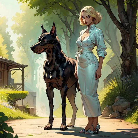 Nina is a 40-year-old woman , Athletic,  short blonde hair , green eyes and beautiful . She is standing next to a black Doberman. The Doberman is slim and strong. the image commands respect. the style of the image is drawing ,  Stunning digital illustratio...