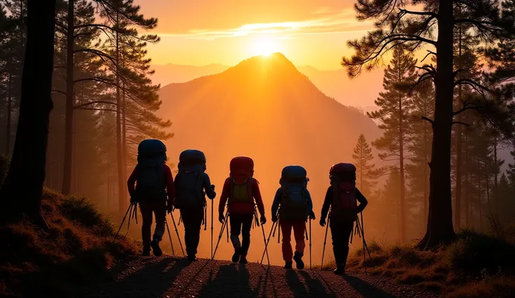 Five climbers—Dani, Rudi, Siska, Rini, and Haris—were walking on a climbing route surrounded by dense trees. The sun was starting to set, the sky was orange, and a thin mist was starting to fall. They wore full climbing attire, carrying large backpacks and...