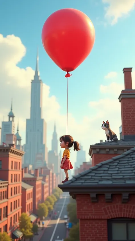 Lili's red balloon flies over the city, passing a curious cat on a rooftop. Pixar-style animation