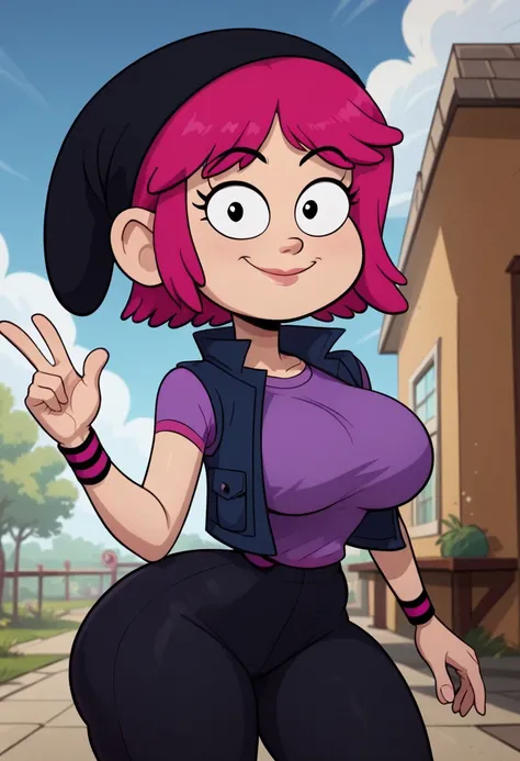 ((bedroom background)),score_9, score_8_up, score_7_up,score_6_up, source_cartoon
1girl, Solo, Pauline_AP, light skin, black eyes, bright pink hair, short hair, black beanie hat, purple t-shirt, pink-black wristbands, sleeveless dark blue vest, tight black...