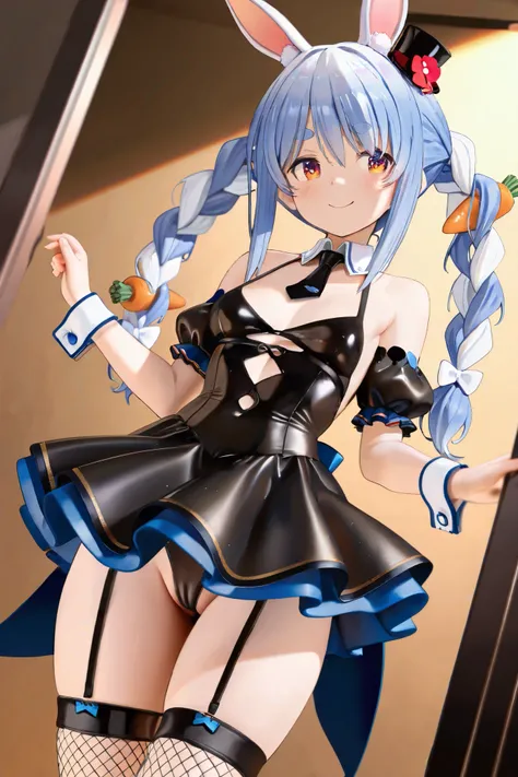 NSFW, Masterpiece, top quality, high resolution, very detailed,Usada Pekora\( Hololive\), mini top hat 、Angled hat、 Detachable Collar 、short black tie、 black dress 、 short dress、 sleeveless dress、 center frill、Puffy short sleeves、 detachable sleeves with c...