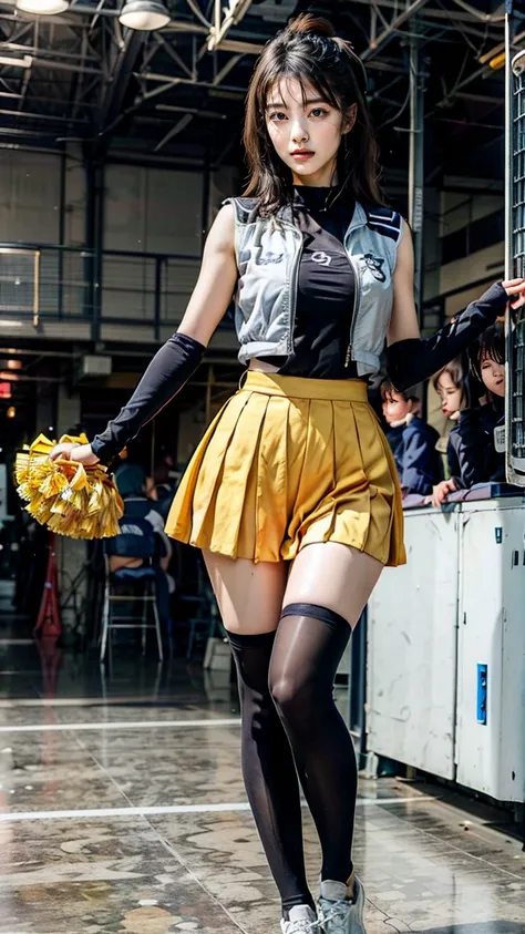 A beautiful young Japanese woman, 20 years old, with perfect anatomy, healthy thighs, beautiful feet, flawless skin, random hair color and style, large bust, (she is standing:1.2), wearing a cheerleader uniform with micro-pleated miniskirt, in a full body ...