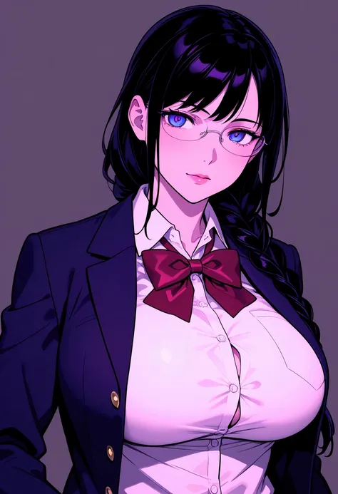  1 girl, braided,glass, big breasts, school uniform , blazer,ugly