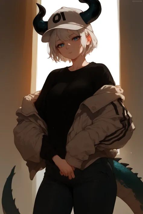 Woman, fair skin, blue eyes, white hair, short hair,, anime style, Black sweatshirt, black jeans ,White cap,Horns, dragon scales ,Loose clothes 