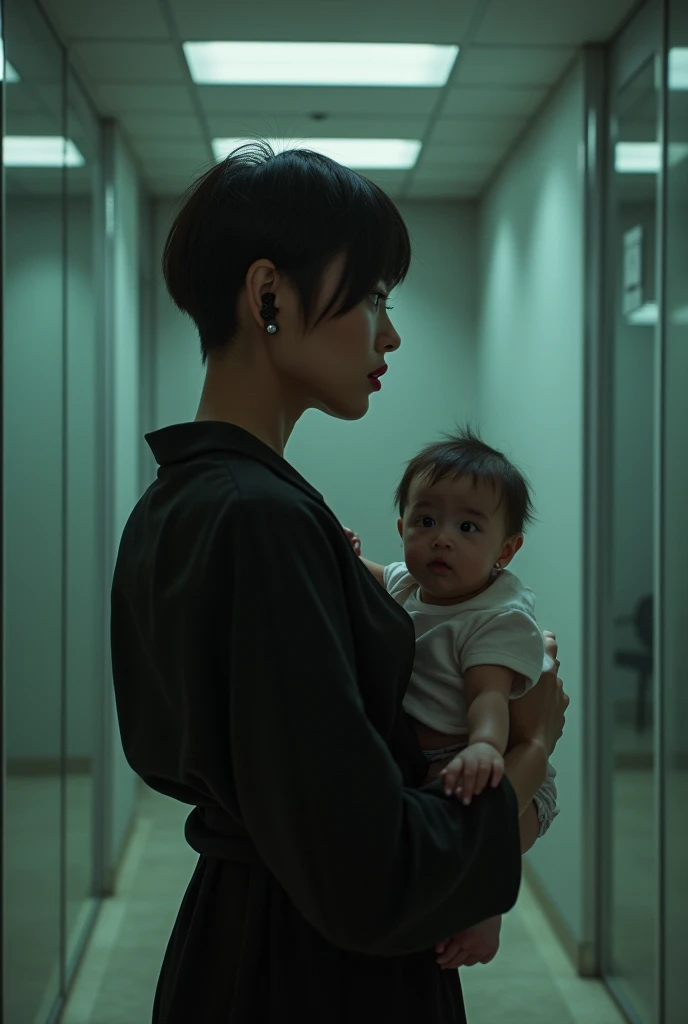 Korean girl with dark skin, big breasts, short hair, dyed ears, carrying a cute  baby, standing in front of the office, mirror room, looking into the room