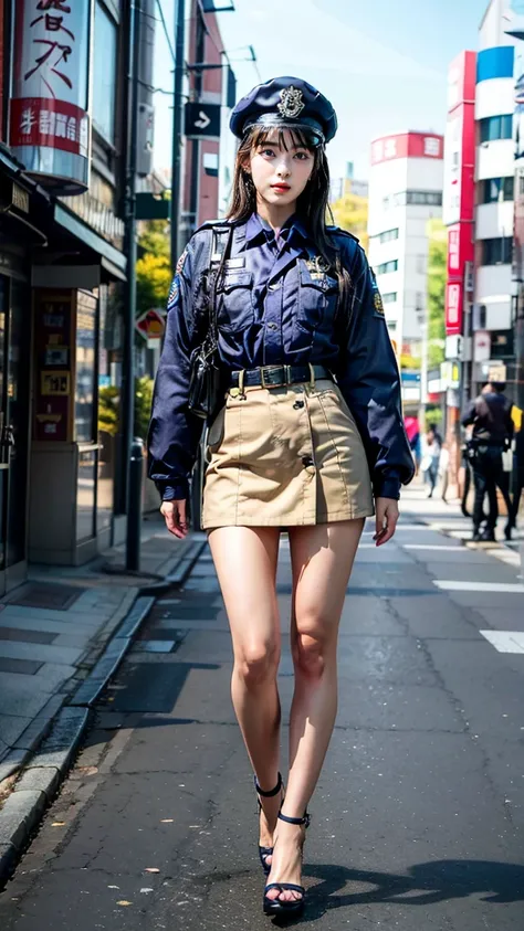 beautiful Japanese woman, 22 years old, perfect anatomy, healthy thighs, beautiful legs, beautiful skin, random hair color, random hairstyle, large breasts, female police officer, (Japanese police uniform:1.3), (miniskirt:1.3), (she is standing:1.2), full ...