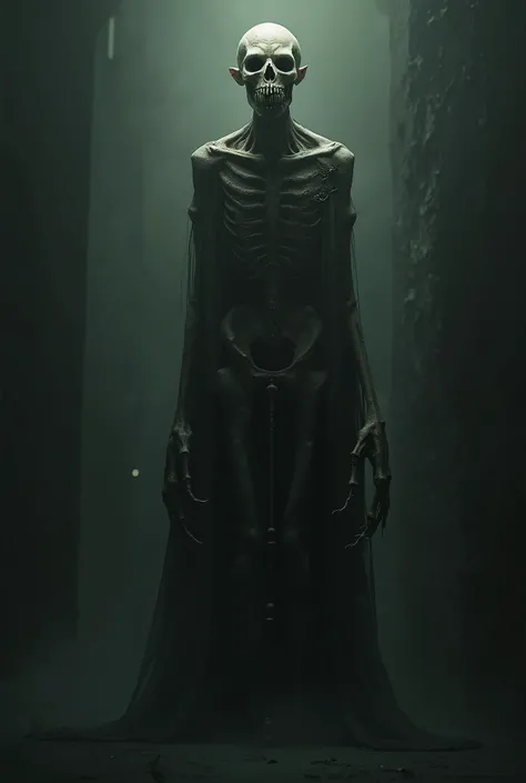 Creepy tall, slender humanoid creature with a macabre smile, long and skeletal teeth 