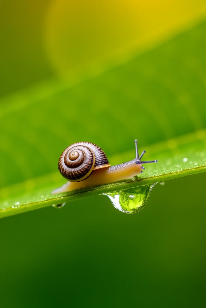 A macro photograph of a small snail with a detailed spiral shell and beautiful patterns, crawling on a vibrant green leaf. The snail’s translucent body and extended antennae are in sharp focus, highlighting its delicate texture. The leaf has a slightly glo...