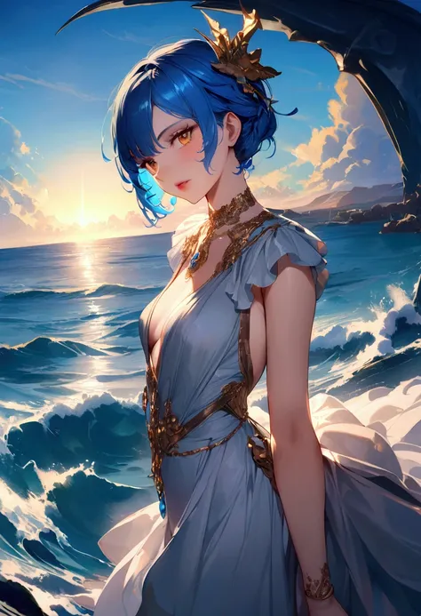 1. Pretty girl, 20s,  glamour, Super Fine , masterpiece,  High Quality,  beautiful, God of Water , ocean,  blue hair, Refined ,  Trident possesses , Mysterious , Poseidon,  Golden Eyes , gloss, Dragon rise