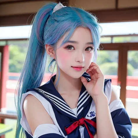 Japan like an idol 、woman東京コレクション ,((１ woman)), (  ponytail ), Round face ,((   bust up 、 Blue and white sailor suit  ,  blushes、  as shown in the picture  ,      high school 、A masterpiece of natural poses , Rainbow Hair,  high resolution,  normal breasts...