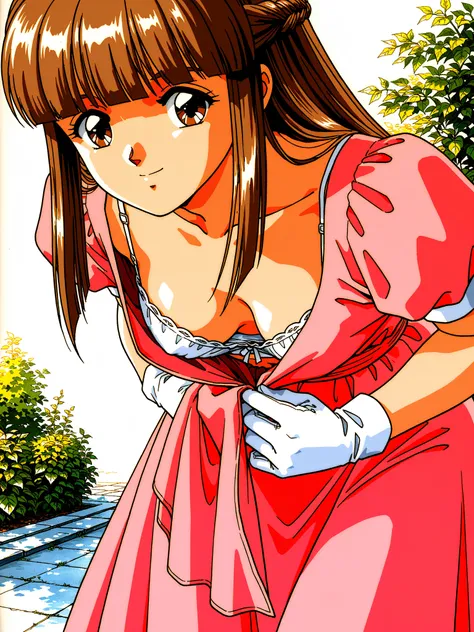 Megumi Mikihara, 1girl ,Alone,gloves, Retro ArtStyle ,1990s (style),brown hair,long hair,dress,bangs,braid,brown eyes,white background,smile,blunt bangs,own hands together,white gloves,simple background,looking at viewer,short sleeves,pink dress,french bra...