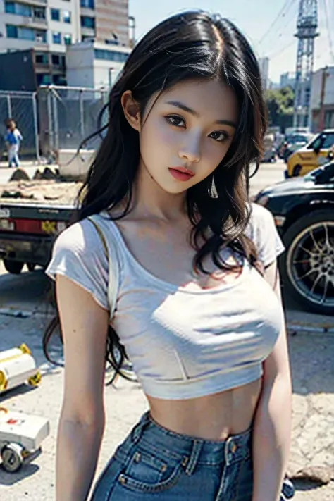 Girl posing for photo in white bra and tight denim skirt，full bodyesbian，With a cropped T-shirt、brassier，Slim body，Larger bust，Slim girl model，24 years old female model，Lying on the construction site，A group of black men watched